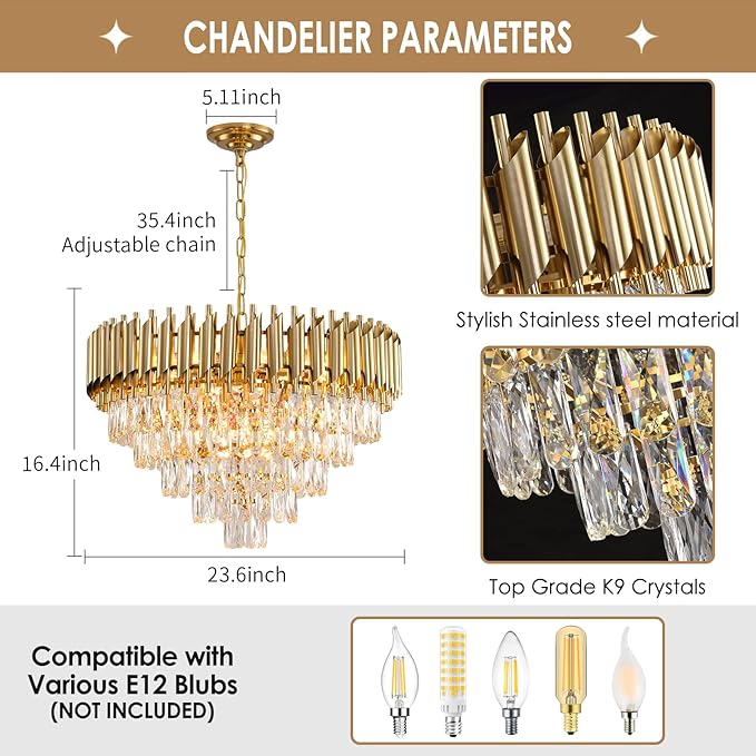 Gold Crystal Chandeliers Modern Round Chandelier for Dining Room 5 Tiers Ceiling Pendant Light Fixtures Large Ceiling Chandeliers for Foyer Living Room Bedroom Foyer entryway 24” 12 Lights