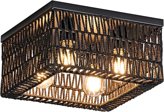 Black Rattan Ceiling Light, 4-Light Boho Light Fixture, Square Flush Mount Ceiling Light for Bedroom, Hallway, Entryway, Kitchen, Living Room