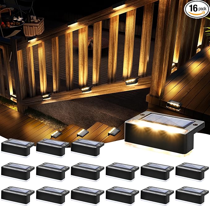 SOLPEX Solar Fence Lights, Solar Deck Lights Outdoor Waterproof Solar Powered for Step, Stair, Balcony,Front Porch,Garden, Walkway,Yard, Patio Decor, IP65 Waterproof (16 Pack, Warm White) 6 LEDs