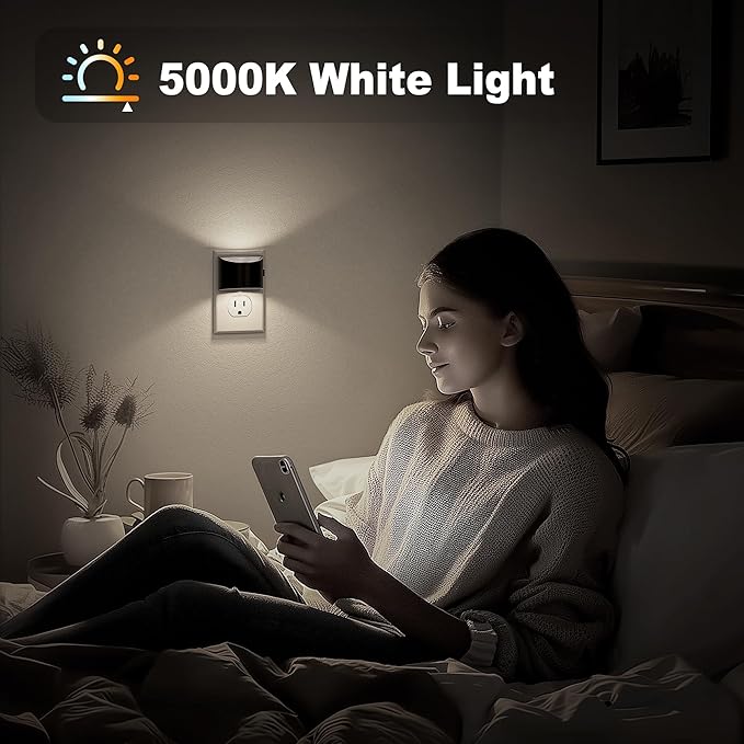 JandCase Night Light, Automatic Night Lights Plug into Wall,2 Pack Dusk to Dawn Sensor Nightlight, 5000K Brightness Adjustable Nightlight for Kids Bedroom Hallway Kitchen Decor