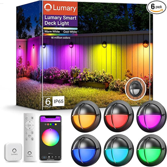 Lumary 12-24V Smart Low Voltage Deck Lights with Hub, 4Inch RGB+CCT Outdoor Privacy Fence Lights, IP65 Waterproof Landscape Lighting for Step, Deck, Patio, Compatible with Alexa & Google, 6Pack