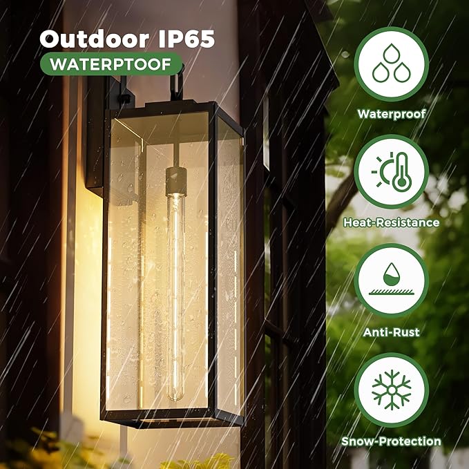 DORESshop 22 Inch Large Size Dusk to Dawn Outdoor Wall Lights, Matte Black Waterproof Anti-Rust Outdoor Light Fixtures Wall Mount with Clear Glass Shade for Porch, with T30 Light Bulbs, 2 Pack