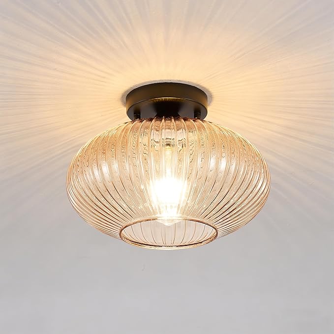 12 Inch Semi Flush Mount Ceiling Light, Amber Glass Ceiling Fixture with E26 Base, Vintage Mid Century Modern Art Deco Light for Hallway, Entryway, Kitchen, Dining Room, Foyer