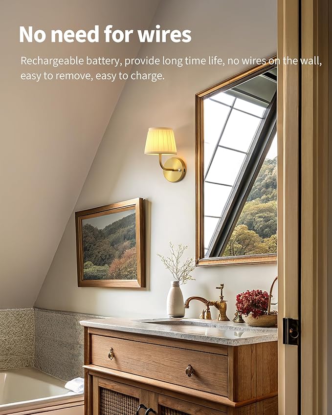 PUSU LED Cordless Gold H9.6 inch Small Wall Sconces Set of 2, Rechargeable 5200mAh Battery Operated Fabric Wall Lamp with Remote, Lighting for Living Room, Bedroom, Hallway, Bathroom, Stairs, Kitchen