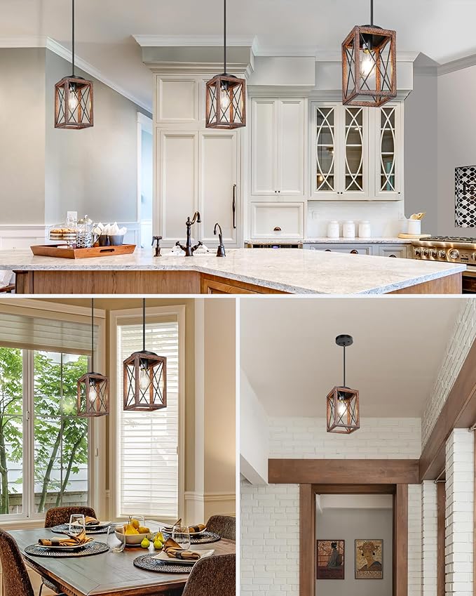 DEWENWILS Farmhouse Pendant Light, Metal Hanging Light Fixture with Wooden Grain Finish, 48 Inch Adjustable Pipes for Flat and Slop Ceiling, Kitchen Island, Bedroom, Dining Hall, E26 Base
