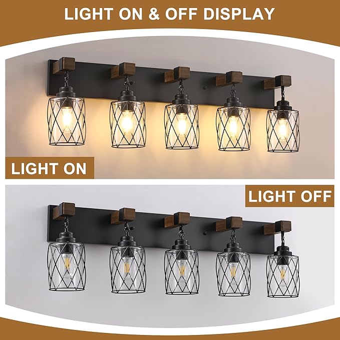 Farmhouse Bathroom Light Fixtures, 5 Light Bathroom Vanity Light with Metal and Glass Lampshade, Wood Rustic Lighting Fixtures Over Mirror, Black Wall Sconces for Living Room, Bedroom