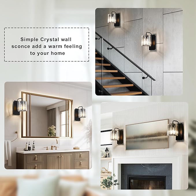 Grneric Crystal Wall Sconces,Black Sconce Wall Light Fixtures Modern Sconces Wall Lighting Single Indoor Wall Sconce for Living Room Bathroom Hallway Stairway Bedroom 10 Inch