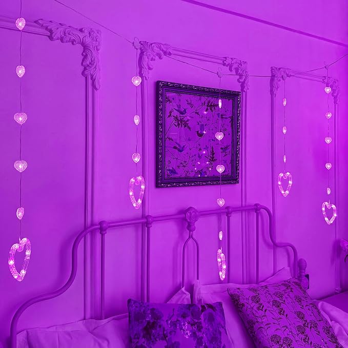 YOLIGHT Heart Curtain Lights, 9.8ft Valentine's Day Window Lights, USB Plug LED Hearts String Lights, Light up Heart Hanging Lights for Valentines Mother's Day Room Decoration (Purple)