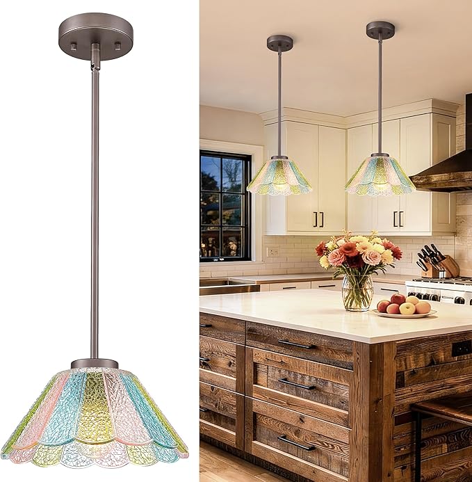 Modern Hanging Light Fixture, HWH Pendant Lights Kitchen Island, 10.4 Inch Farmhouse Pendant Light with Colored Floral Glass, Oil-Rubbed Bronze Finish, 5HJX110MIL ORB-C