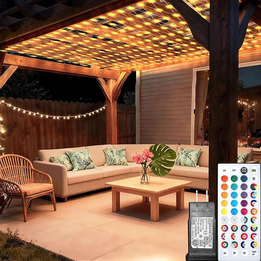 Lovelite 8ft x 8ft Net Lights Outdoor, 196LED 35 Colors Changing Gazebo Net Lights Clear Wire, Connectable Fairy Lights Waterproof for Patio Pergolas Backyard Bush Christmas 4th of July Wedding Party
