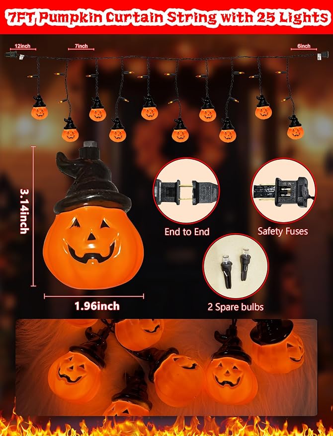 Halloween Curtain Lights,7FT Short Curtain Window Lights with 25 Light,Vintage LED Halloween Decorations Light for Indoor, Bedroom,Door,Stair,Yard, Fall Party