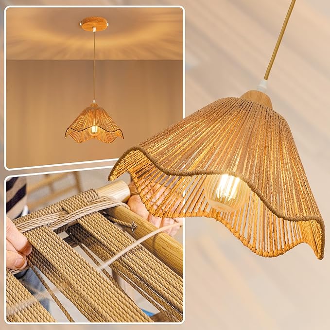 2 Pack 12.4" Wave Rattan Chandelier Pendant Lights Kitchen Island,Farmhouse Boho Chandeliers Adjustable Height Hanging lamp for Dining Room,Kitchen Ceiling Light Fixtures Woven Wicker Lampshade