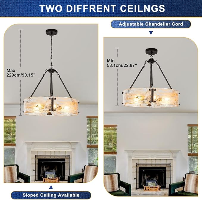 WILON Chandeliers for Dining Room, Modern Glass Pendant Light Fixtures,6-Light Foyer Kitchen Lighting Fixtures Textured Hanging Lights for Bedroom, Bathroom, Laundry Room, Entryway, Hallway (Black)