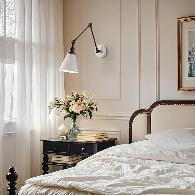 JONATHAN Y 7" White/Oil Rubbed Bronze Classic Industrial Metal Adjustable Arm LED Wall Sconce for Bedside Reading, Farmhouse Swing Arm Wall Lamp with Metal Shade, Hardwired (JYL7462C)