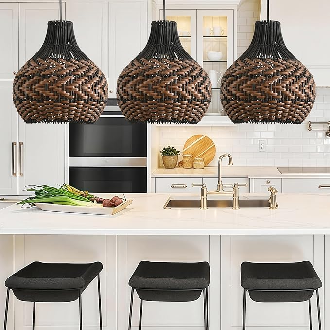 3-Pack Rattan Pendant Light 10.24" Hand-Woven Black Brown Fax Rattan Basket Chandelier Mini Boho Wicker Hanging Lamp for Dining Living Bedroom Kitchen Farmhouse