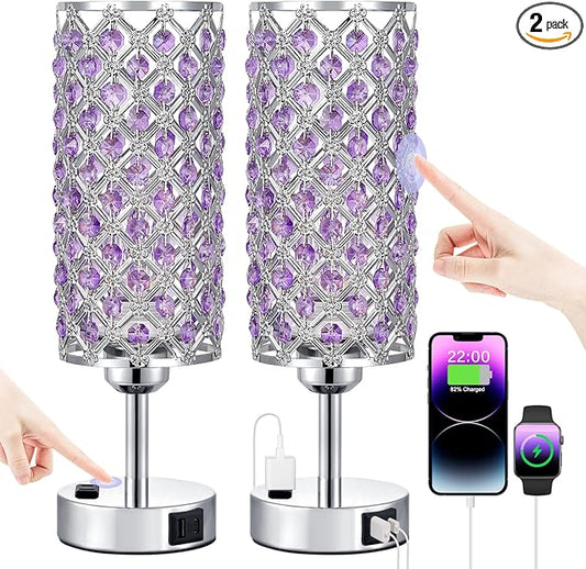 Hong-in Crystal Lamps Set of 2, 3 Way Dimmable Touch Lamp with Crystal Shade, Bedside Nightstand Lamps for Living Room Bedroom Home Office(Purple)