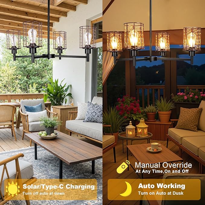 Outdoor Solar Gazebo Chandelier, 4-Light 28" Hanging Copper Wire Solar Pendant Lights, Outdoor Chandelier for Gazebo, Pergola, Porch