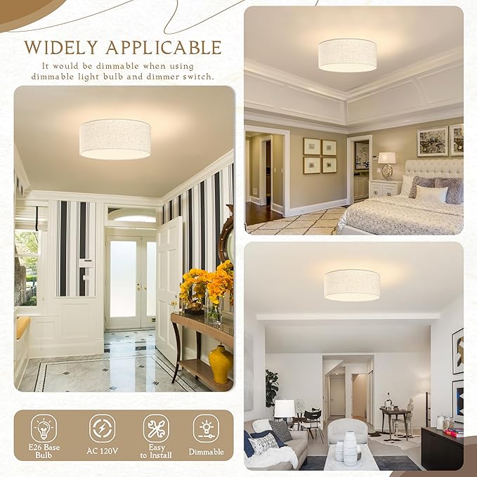 15.7 Inch Flush Mount Ceiling Light Gold Close to Lights Fixture with Fabric Shade 3-Light Drum Modern Lights for Dining Room Bedroom Hallway