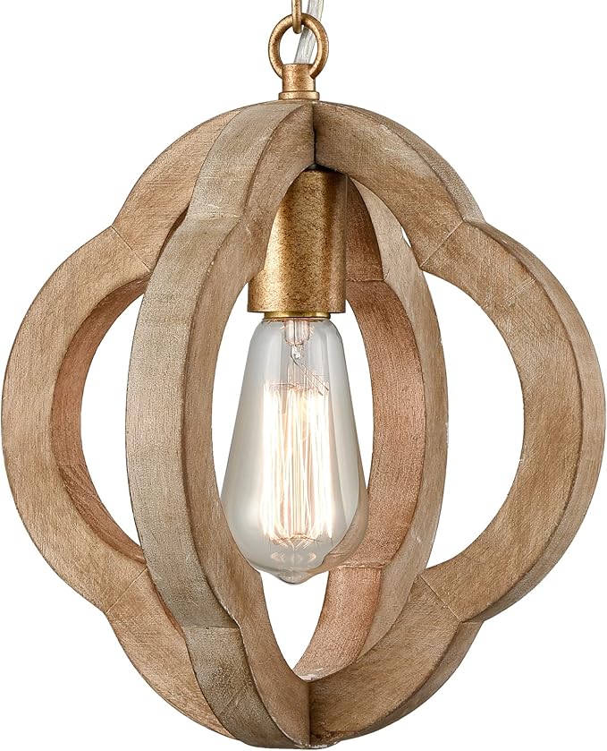 SAMTEEN Farmhouse Wood Pendant Lights Kitchen Island, Vintage Wooden Pendant Lighting Rustic 1-Light Wood Hanging Ceiling Light Fixture for Hallway Bedroom Entrance, Adjustable Chain