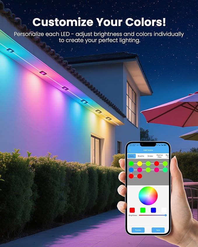 KISUFU 200FT RGB+IC Permanent Outdoor Lights, 24V Year-Round Roof & Eaves Lighting with 221 Modes, App & Remote Control, IP68 Waterproof, Smart Outside Lights for Valentine, Christmas, Holidays