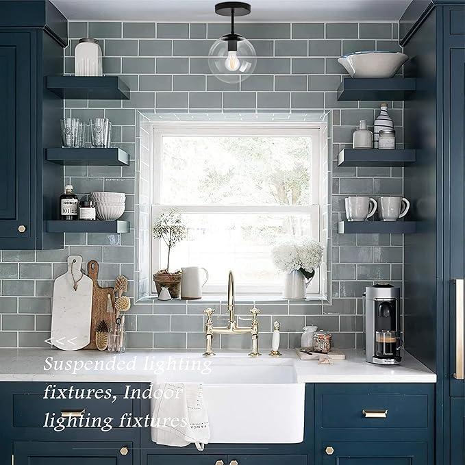 8" Black Semi Flush Mount Ceiling Light Fixture Clear Glass Globe Ceiling Light Fixture Hallway Light Fixture Mid Century Ceiling Light Matte Black Finish for Entryway Foyer Kitchen(Bulb Incl.)