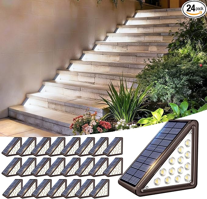 JEJOT Solar Step Lights Outdoor Waterproof IP65,Cool White Brown Solar Stair Lights, Outdoor Light Decor for Stair, Deck, Step, Porch and Outside Patio, 24 Pack