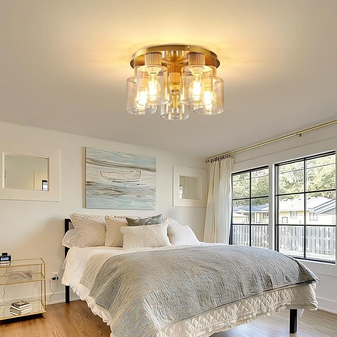 5-Lights Semi Flush Mount Ceiling Light Kitchen Lighting Fixtures Ceiling Gold Solid Wood Kitchen Cieling Light Fixtures with Clear Glass Shade for Dining Room Entryway Foyer Hallway