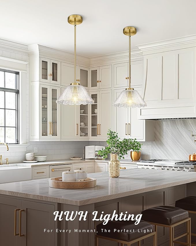 Modern Pendant Light Fixtures, HWH Pendant Lights for Island Dining Room Hallway, Bedroom, Gold Hanging Lighting with Clear Floral Glass, Brushed Gold Finish, 5HJX110MIL BG