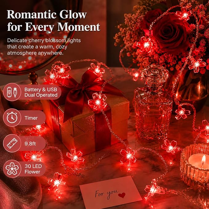 Battery & USB Operated 10ft Red Cherry Blossom Flower Fairy Lights String | Cute Flower String Lights With Timer For Bedroom, Party, Wedding, Christmas, Easter Tree Branch Hanging Romantic Decorations