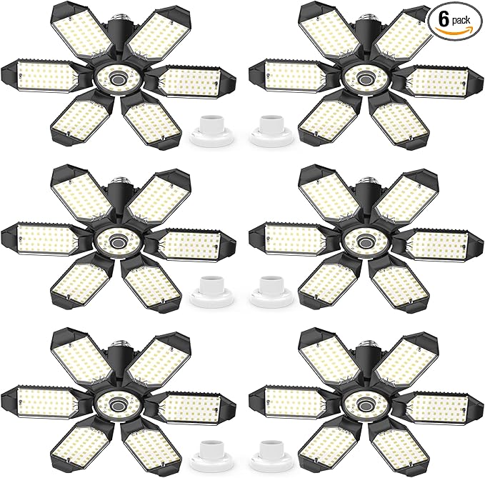 Led Garage Lights Bulb 6 Pack 200W Super Bright Ceiling Led Shop Lights, E26/E27 Base, 6500K, 22000LM Deformable Led Garage Light for Basement, Attic and Workshop Commercial Bay Lighting