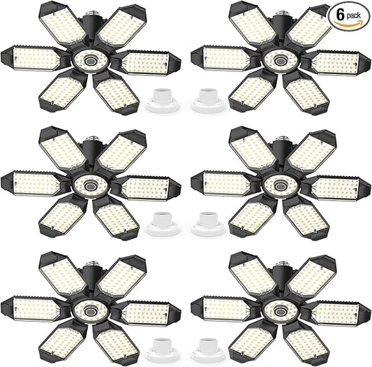 Led Garage Lights Bulb 6 Pack 200W Super Bright Ceiling Led Shop Lights, E26/E27 Base, 6500K, 22000LM Deformable Led Garage Light for Basement, Attic and Workshop Commercial Bay Lighting