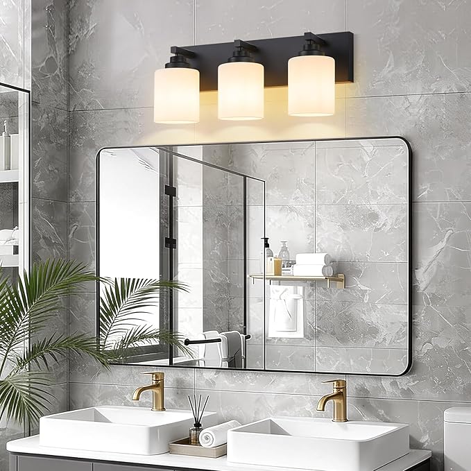 Bathroom Vanity Light Fixture, 3-Light Matte Black Bathroom Light Fixtures Over Mirror with Milky White Glass Shades, Modern Vanity Lights for Bathroom Living Room Hallway (Bulbs Not Included)