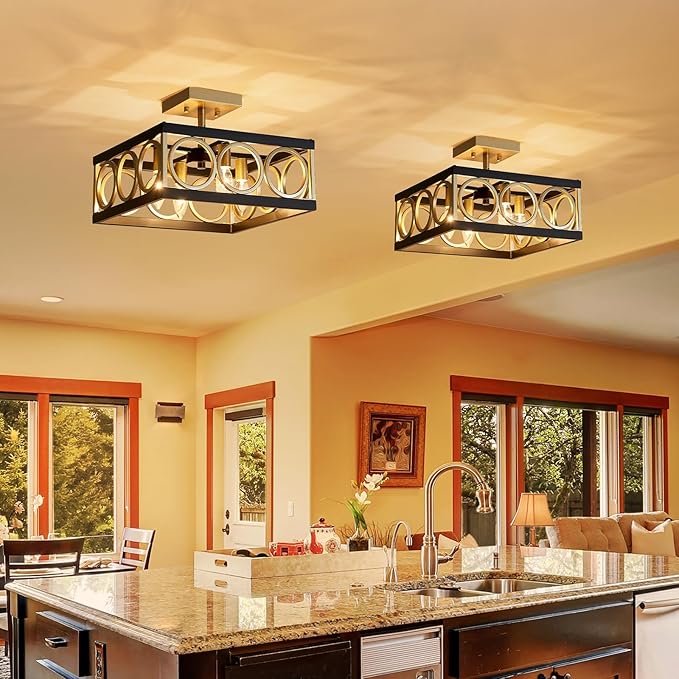 XINGQ Black and Gold Ceiling Light Fixture Modern 4-Light 13'' Semi Flush Mount Ceiling Lights for Living Dining Room Bedroom with Square Metal Shade, E12 Bulb Base