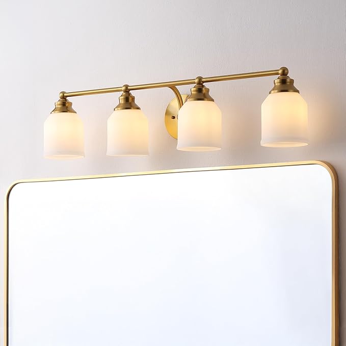 JONATHAN Y 33.25" Brass Gold/White Modern Farmhouse LED Vanity Light Wall Sconce Fixture, Frosted White Glass Shade, Dimmable Wall Lamp for Bathroom Mirror Kitchen Sink, UL Listed (JYL7552B)