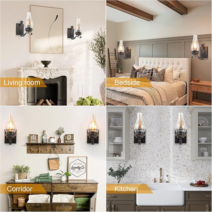 Yisuro Hardwired Wall Sconce,Oil Rubbed Bronze Hardwired Wall Sconce Indoor, Retro Rustic Wall Lamps with Amber Glass,Vintage Bedside Sconces Wall Lighting for Living Room Bathroom