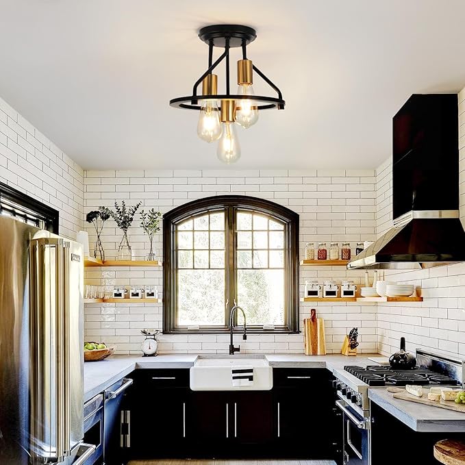 WILON Semi Flush Mount Ceiling Light 3-Light Ceiling Light Fixtures - Industrial Hallway Light Fixtures Black Gold Farmhouse Kitchen Light E26 Socket Ceiling Lamp for Hallway Kitchen Foyer