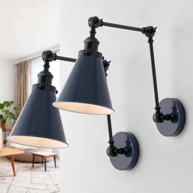 JONATHAN Y 7" Navy/Black Classic Industrial Metal Adjustable Arm LED Wall Sconce for Bedside Reading, Farmhouse Swing Arm Wall Lamp with Metal Shade, Hardwired (JYL7462G-SET2)