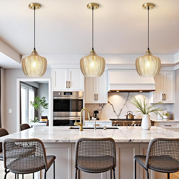 Modern Gold Pendant Light, Amber Glass Farmhouse Kitchen Island Pendant Light Fixture Adjustable Vintage Hanging Ceiling Light for Dining Room Corridor 9.45 inch 1 Pack, UL Certification