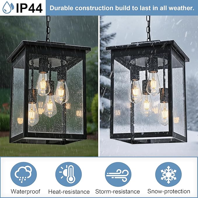 TODOLUZ 4-Lights Large Outdoor Pendant Light Fixture, Farmhouse Waterproof Black Porch Hanging Lighting with Adjustable Chain, Seeded Glass Panel & E26 Bulb Base for Patio Garden Entryway