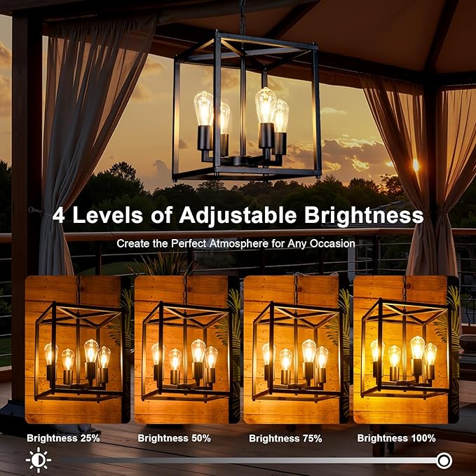 Solar Chandelier Outdoor, 14" Farmhouse Waterproof Dimmable Hanging Pendant Lights for Gazebo, Pergola, Canopy Decor
