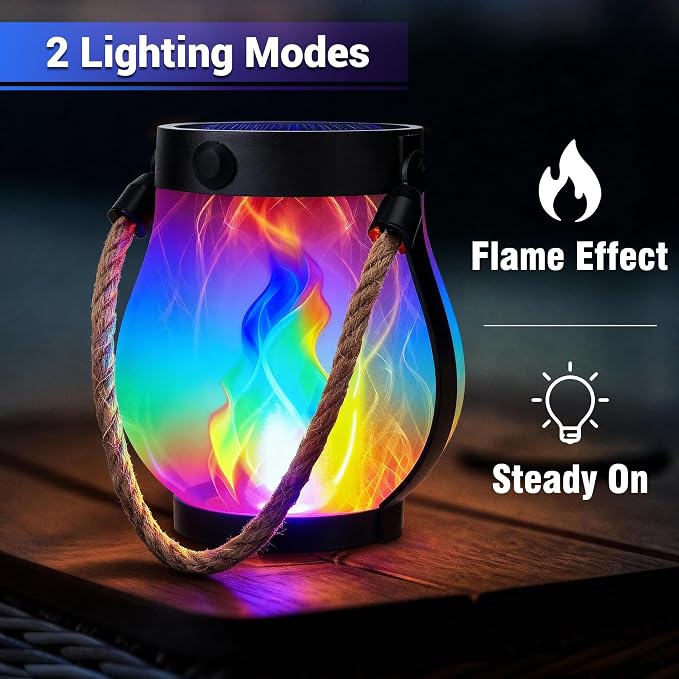 iBaycon 2 Pack Solar Lantern Lights USB Christmas Flame Lamp, Multicolor | Solar Garden Lights with Dual Charging USB & Solar, 2 Modes Outdoor Waterproof Hanging Lantern for Patio Home Xmas Decor