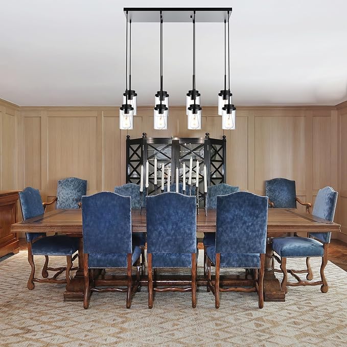 MELUCEE 8 Lights Linear Chandelier Lighting Black Island Light for Kitchen, 31.5 Inches Cluster Pendant Light Fixtures Hanging Foyer Lighting Dining Room Lights with Clear Glass Shade