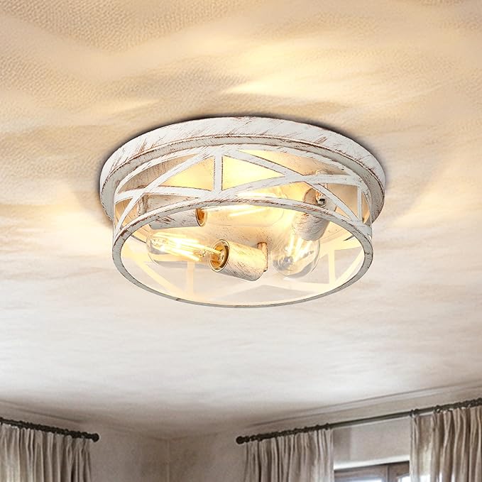 1 Pack Flush Mount Ceiling Light, 3-Light Close to Ceiling Light Fixtures, 13 Inch Metal Ceiling Lights for Bedroom, Living Room, Porch Kitchen (White + Gold)