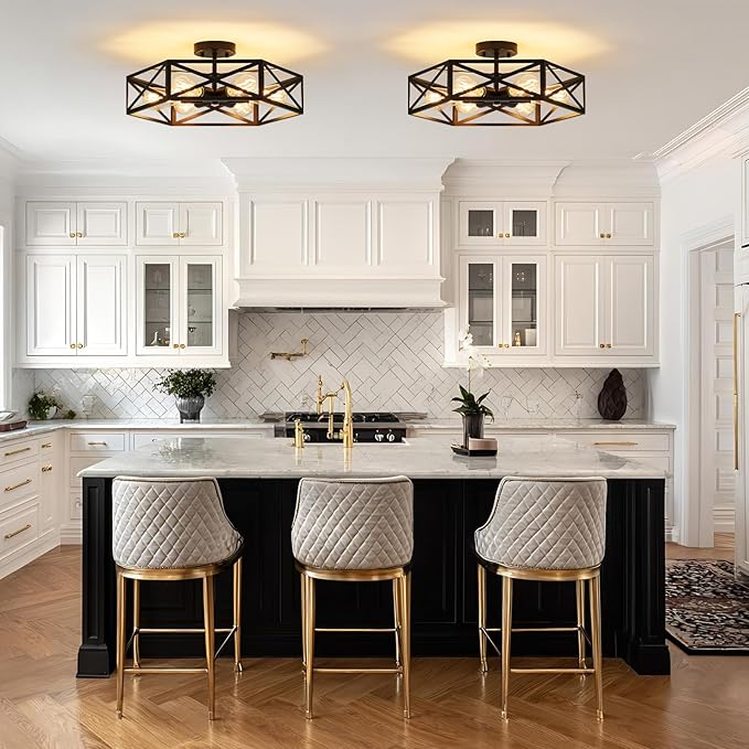 Modern Farmhouse Semi Flush Mount Ceiling Light,Industrial Black Ceiling Lighting Fixture,Hexagonal Close to Ceiling Lights for Kitchen,Living,Dining Room,Bedroom,Foyer,Laundry Room,19.7 Inch