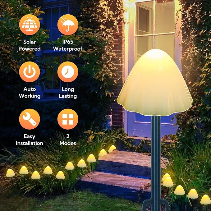 Solar Garden Lights, 12 LED 14.5ft Mini Mushroom Solar Lights Outdoor Waterproof, 2 Modes Lighted Mushroom Shaped Pathway Light for Patio Yard Garden Christmas Fall Decoration（Warm White）