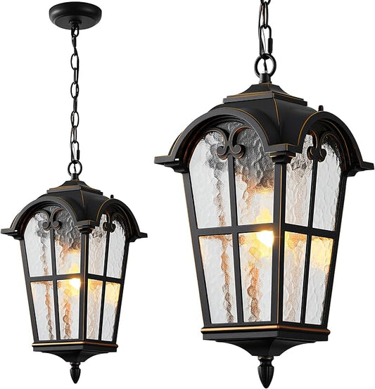 VIANIS Black Large Outdoor Pendant Light, Vintage Outdoor Chandelier with Gold Trim, Outside Hanging Light for Porch, Doorway, Entryway, 100% Aluminum, Anti-Rust Adjustable Length Chandelier