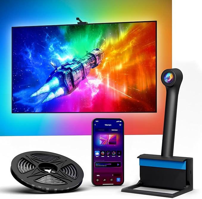 Ailofy Smart TV LED Backlight with Camera for 75-85 inch Screens, 16.4ft LED Strip Lights Sync to Screen& Music, Color Changing Lights for TV Compatible with Alexa & Google Assistant, App Control