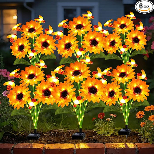 Kohlrabi Solar Garden Lights-6 Pack Solar Sunflowers with Swaying Bees, Gifts for Mom Women Mothers Day Birthday, Waterproof Sunflower Light for Outdoor Patio Yard Decor