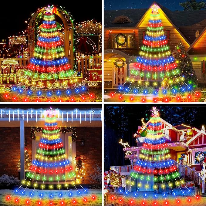 Christmas Decorations Star Lights Outdoor, 11.48ft 350 LED Waterfall Tree Lights with 8 Modes Timer Remote Plug in Christmas String Lights for Indoor Yard Patio Home Holiday Party Decor, Multicolor