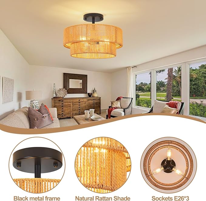 Rattan Ceiling Light Fixture Modern Boho Chandelier Flush Mount Ceiling Light 3-Lights 12.99",Boho Woven Wicker Light Fixtures for Hallway Bedroom Living Room Entryway Kitchen Island